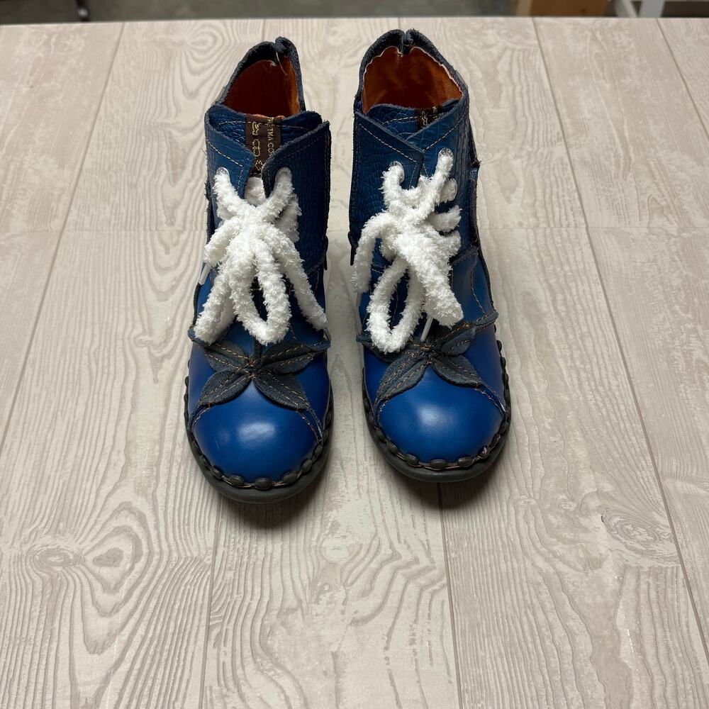 TMA EYES Blue Leather Ankle Boots BoHo Womens 6 Chunky Heel Lace Up Zip Artsy